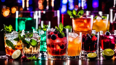 Many different refreshing colorful fruit cocktails with ice, lemon, mint and berries on a bar counter, night club party with soft drinks, AI Generated illustrationの素材