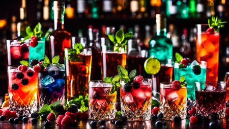 Many different refreshing colorful fruit cocktails with ice, lemon, mint and berries on a bar counter, night club party with soft drinks, AI Generated illustrationの素材