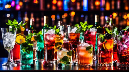 Many different refreshing colorful fruit cocktails with ice, lemon, mint and berries on a bar counter, night club party with soft drinks, AI Generated illustrationの素材