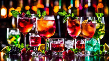 Many different refreshing colorful fruit cocktails with ice, lemon, mint and berries on a bar counter, night club party with soft drinks, AI Generated illustrationの素材