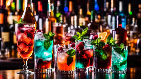 Many different refreshing colorful fruit cocktails with ice, lemon, mint and berries on a bar counter, night club party with soft drinks, AI Generated illustrationの素材