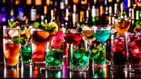 Many different refreshing colorful fruit cocktails with ice, lemon, mint and berries on a bar counter, night club party with soft drinks, AI Generated illustrationの素材