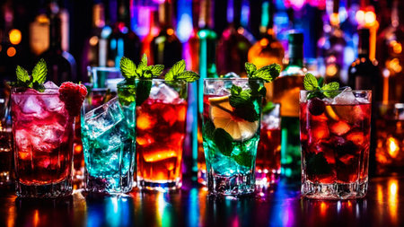 Many different refreshing colorful fruit cocktails with ice, lemon, mint and berries on a bar counter, night club party with soft drinks, AI Generated illustrationの素材