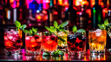 Many different refreshing colorful fruit cocktails with ice, lemon, mint and berries on a bar counter, night club party with soft drinks, AI Generated illustrationの素材
