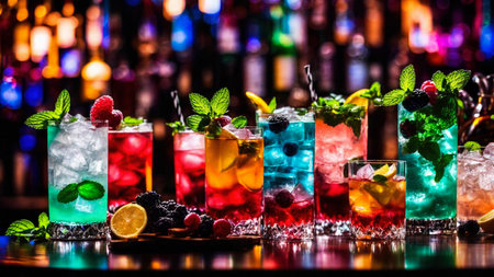 Many different refreshing colorful fruit cocktails with ice, lemon, mint and berries on a bar counter, night club party with soft drinks, AI Generated illustrationの素材
