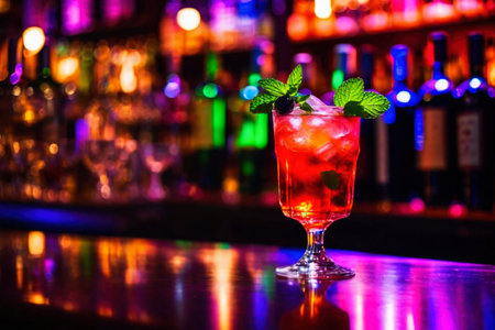 Refreshing alcoholic colorful fruit cocktails with ice, mint and berries on a bar counter, night club party with soft drinks, AI Generated illustrationの素材