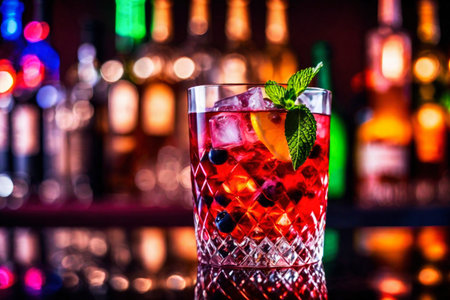 Refreshing alcoholic colorful fruit cocktails with ice, mint and berries on a bar counter, night club party with soft drinks, AI Generated illustrationの素材