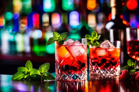 Refreshing alcoholic colorful fruit cocktails with ice, mint and berries on a bar counter, night club party with soft drinks, AI Generated illustrationの素材