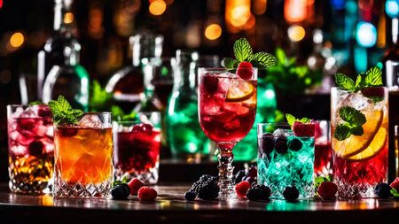 Many different refreshing colorful fruit cocktails with ice, lemon, mint and berries on a bar counter, night club party with soft drinks, AI Generated illustrationの素材