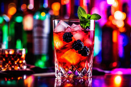 Refreshing alcoholic colorful fruit cocktails with ice, mint and berries on a bar counter, night club party with soft drinks, AI Generated illustrationの素材