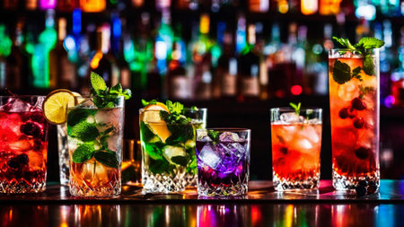 Many different refreshing colorful fruit cocktails with ice, lemon, mint and berries on a bar counter, night club party with soft drinks, AI Generated illustrationの素材