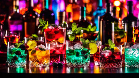 Many different refreshing colorful fruit cocktails with ice, lemon, mint and berries on a bar counter, night club party with soft drinks, AI Generated illustrationの素材