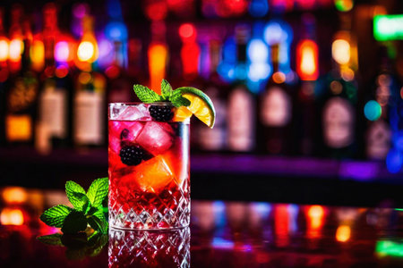 Refreshing alcoholic colorful fruit cocktails with ice, mint and berries on a bar counter, night club party with soft drinks, AI Generated illustrationの素材