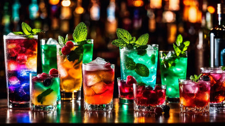 Many different refreshing colorful fruit cocktails with ice, lemon, mint and berries on a bar counter, night club party with soft drinks, AI Generated illustrationの素材