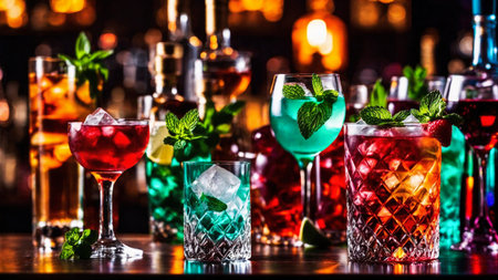 Many different refreshing colorful fruit cocktails with ice, lemon, mint and berries on a bar counter, night club party with soft drinks, AI Generated illustrationの素材