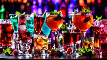 Many different refreshing colorful fruit cocktails with ice, lemon, mint and berries on a bar counter, night club party with soft drinks, AI Generated illustrationの素材