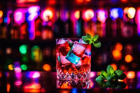 Refreshing alcoholic colorful fruit cocktails with ice, mint and berries on a bar counter, night club party with soft drinks, AI Generated illustrationの素材