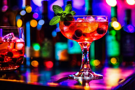 Refreshing alcoholic colorful fruit cocktails with ice, mint and berries on a bar counter, night club party with soft drinks, AI Generated illustrationの素材