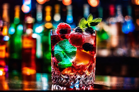 Refreshing alcoholic colorful fruit cocktails with ice, mint and berries on a bar counter, night club party with soft drinks, AI Generated illustrationの素材