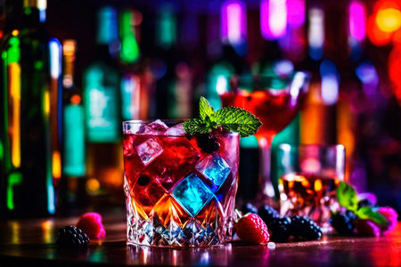 Refreshing alcoholic colorful fruit cocktails with ice, mint and berries on a bar counter, night club party with soft drinks, AI Generated illustrationの素材