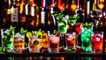 Many different refreshing colorful fruit cocktails with ice, lemon, mint and berries on a bar counter, night club party with soft drinks, AI Generated illustrationの素材