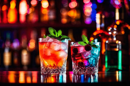 Refreshing alcoholic colorful fruit cocktails with ice, mint and berries on a bar counter, night club party with soft drinks, AI Generated illustrationの素材