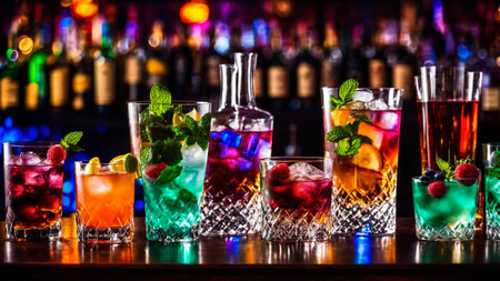 Many different refreshing colorful fruit cocktails with ice, lemon, mint and berries on a bar counter, night club party with soft drinks, AI Generated illustrationの素材