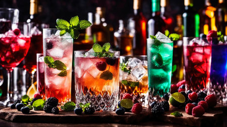 Many different refreshing colorful fruit cocktails with ice, lemon, mint and berries on a bar counter, night club party with soft drinks, AI Generated illustrationの素材