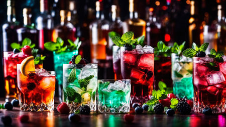Many different refreshing colorful fruit cocktails with ice, lemon, mint and berries on a bar counter, night club party with soft drinks, AI Generated illustrationの素材