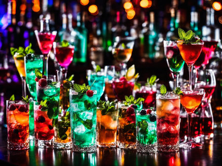 Many different refreshing colorful fruit cocktails with ice, lemon, mint and berries on a bar counter, night club party with soft drinks, AI Generated illustrationの素材