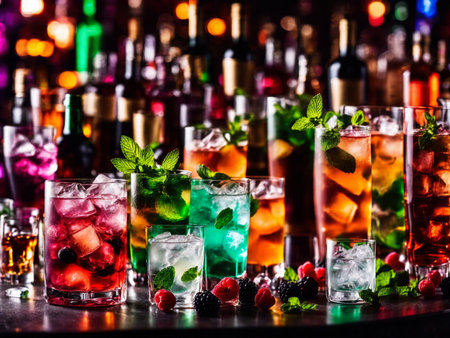 Many different refreshing colorful fruit cocktails with ice, lemon, mint and berries on a bar counter, night club party with soft drinks, AI Generated illustrationの素材