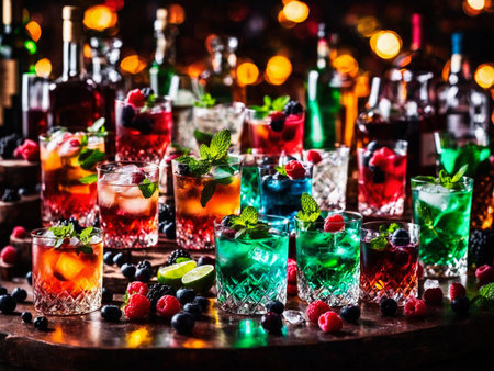 Many different refreshing colorful fruit cocktails with ice, lemon, mint and berries on a bar counter, night club party with soft drinks, AI Generated illustrationの素材