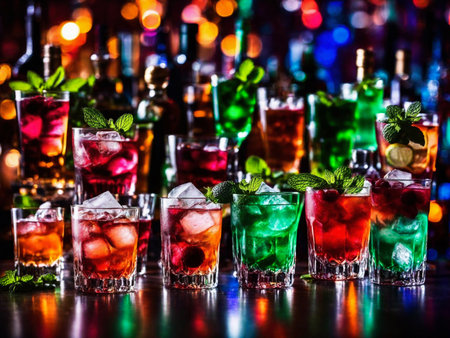 Many different refreshing colorful fruit cocktails with ice, lemon, mint and berries on a bar counter, night club party with soft drinks, AI Generated illustrationの素材