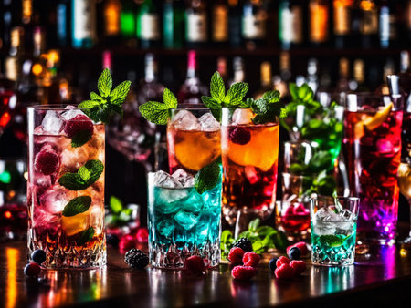 Many different refreshing colorful fruit cocktails with ice, lemon, mint and berries on a bar counter, night club party with soft drinks, AI Generated illustrationの素材