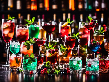 Many different refreshing colorful fruit cocktails with ice, lemon, mint and berries on a bar counter, night club party with soft drinks, AI Generated illustrationの素材