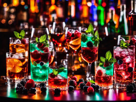 Many different refreshing colorful fruit cocktails with ice, lemon, mint and berries on a bar counter, night club party with soft drinks, AI Generated illustrationの素材