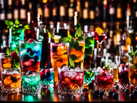 Many different refreshing colorful fruit cocktails with ice, lemon, mint and berries on a bar counter, night club party with soft drinks, AI Generated illustrationの素材