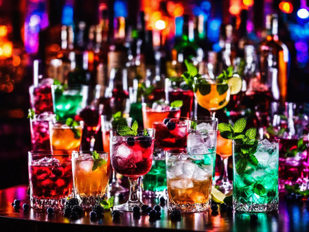 Many different refreshing colorful fruit cocktails with ice, lemon, mint and berries on a bar counter, night club party with soft drinks, AI Generated illustrationの素材