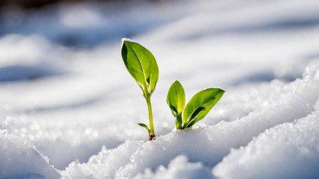 The first sprouts of new life in spring, snowdrop flowers growing in the snow, green plant leaves in springtime, AI Generated illustrationの素材