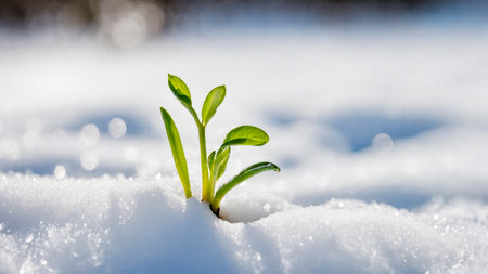 The first sprouts of new life in spring, snowdrop flowers growing in the snow, green plant leaves in springtime, AI Generated illustrationの素材