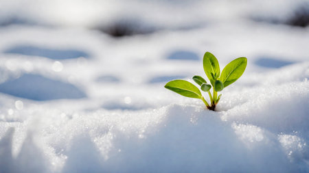 The first sprouts of new life in spring, snowdrop flowers growing in the snow, green plant leaves in springtime, AI Generated illustrationの素材