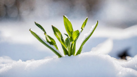 The first sprouts of new life in spring, snowdrop flowers growing in the snow, green plant leaves in springtime, AI Generated illustrationの素材