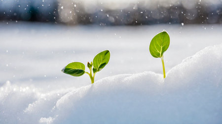 The first sprouts of new life in spring, snowdrop flowers growing in the snow, green plant leaves in springtime, AI Generated illustrationの素材