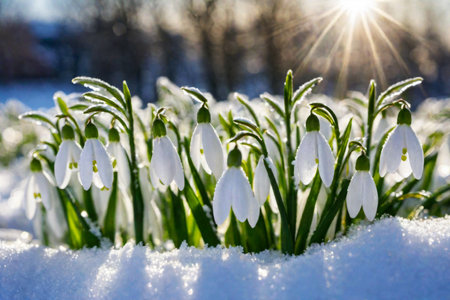 The first sprouts of new life in spring, snowdrop flowers growing in the snow, green plant leaves in springtime, AI Generated illustrationの素材
