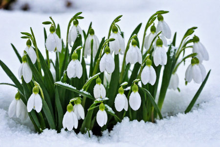 The first sprouts of new life in spring, snowdrop flowers growing in the snow, green plant leaves in springtime, AI Generated illustrationの素材