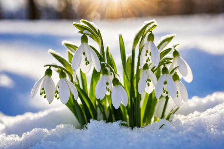 The first sprouts of new life in spring, snowdrop flowers growing in the snow, green plant leaves in springtime, AI Generated illustrationの素材