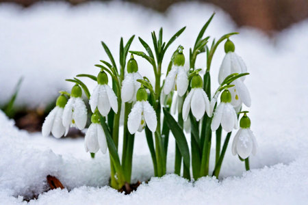 The first sprouts of new life in spring, snowdrop flowers growing in the snow, green plant leaves in springtime, AI Generated illustrationの素材