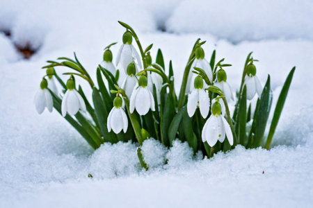 The first sprouts of new life in spring, snowdrop flowers growing in the snow, green plant leaves in springtime, AI Generated illustrationの素材