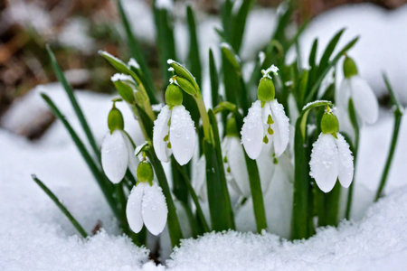 The first sprouts of new life in spring, snowdrop flowers growing in the snow, green plant leaves in springtime, AI Generated illustrationの素材