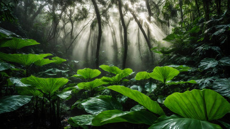 Large green leaves in spring tropical rainforest, plant growth and environmental protection concept, wet jungle, springtime, AI Generated illustrationの素材